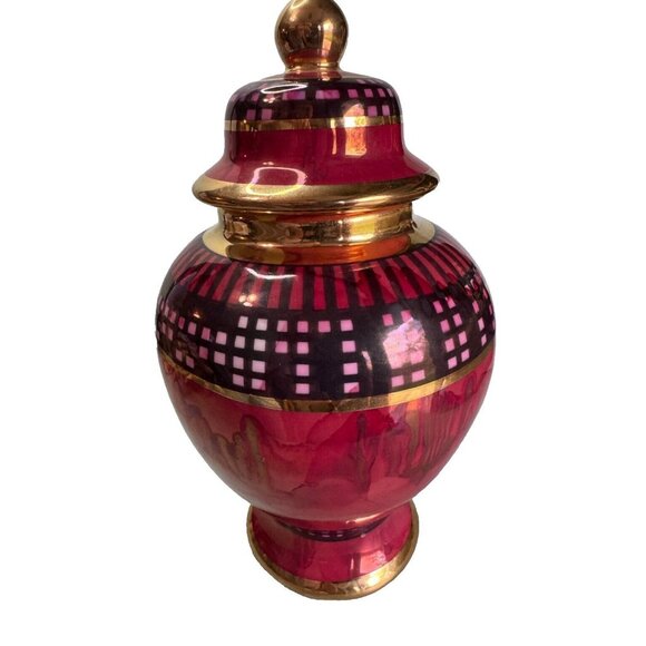 Unknown Other - Tall Red & Black Urn Ginger Jar Gold Gild Trim Unknown Makers Mark on Bottom